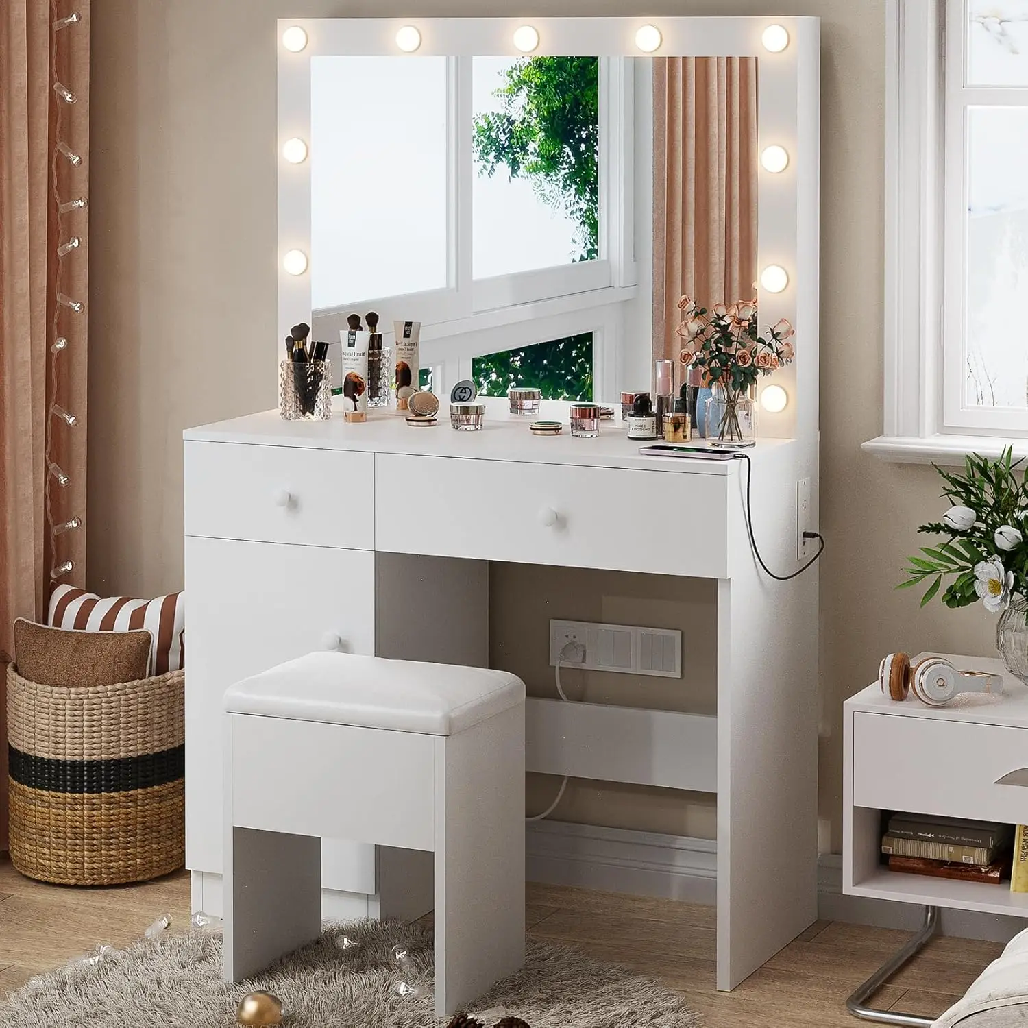 White Makeup Vanity Desk with Lighted Mirror and Storage Chiar Set  11 LED Light Bulbs, 3 Lighting Modes, Built-In Charging Station, Storage Cabinet and Drawe for Bedroom