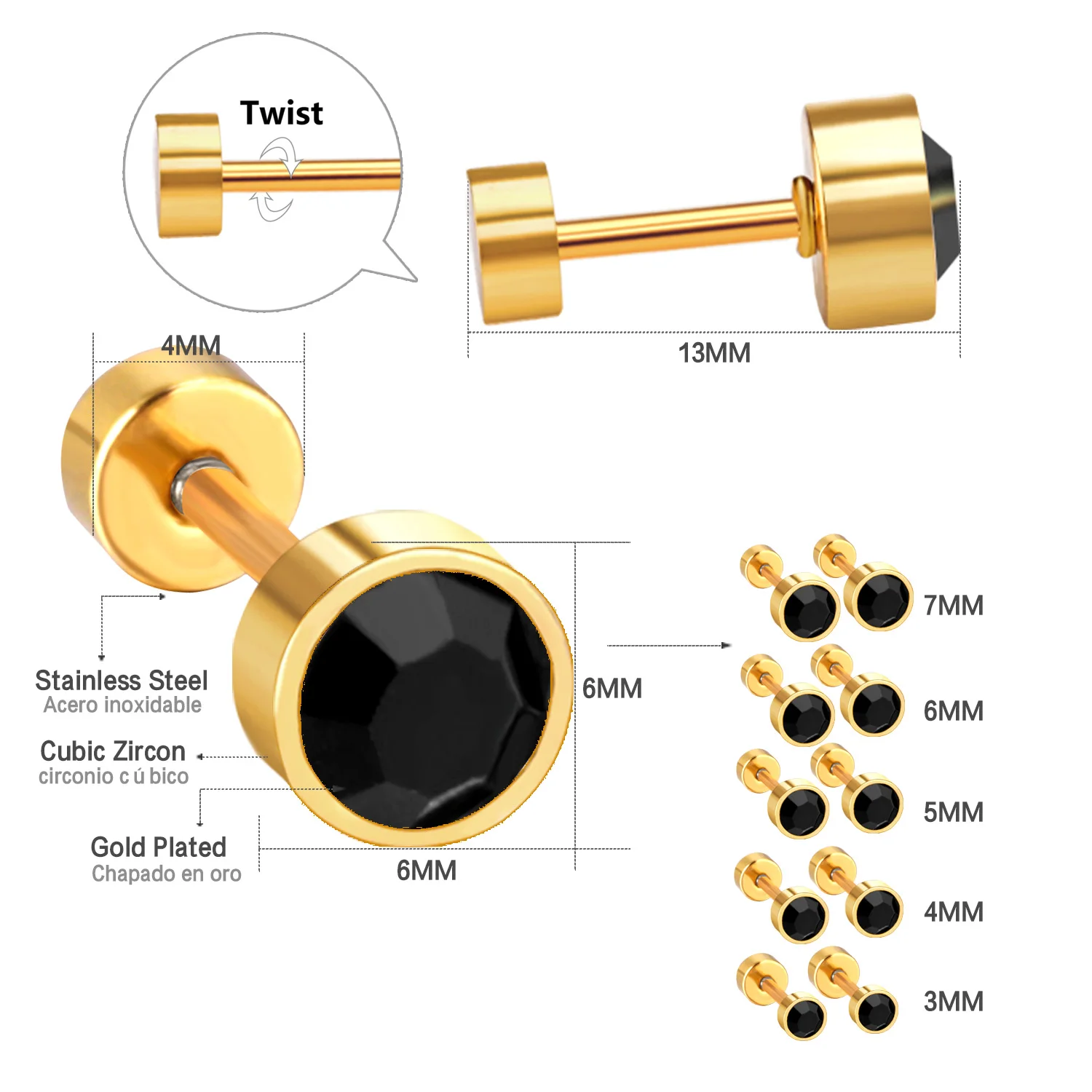LUXUKISSKIDS 3-6MM Black Cubic Zirconia Studs Earrings For Woman/Man Round Stainless Steel Earrings Jewelry For Daily Wear/