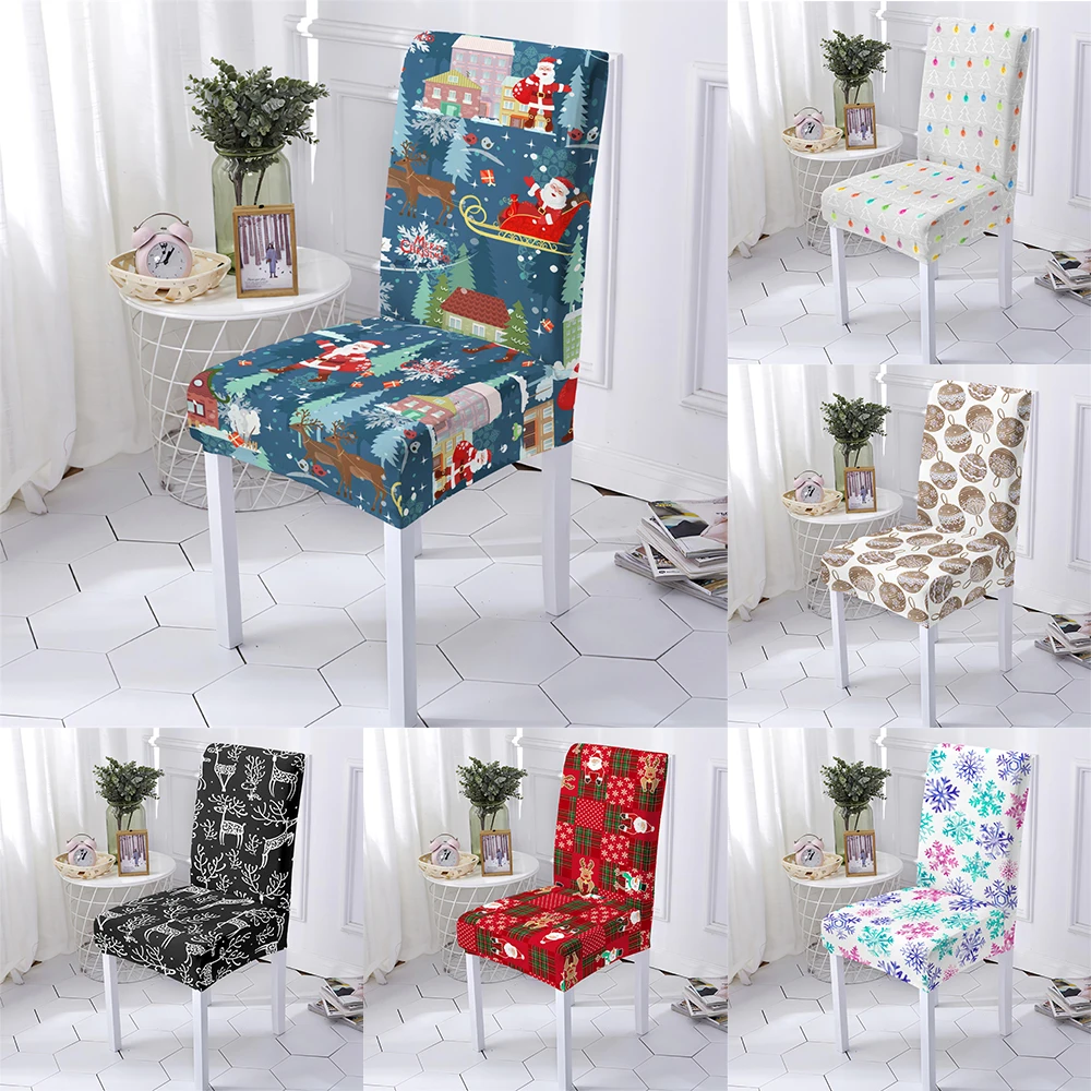 Santa Claus Elk Snowflakes Printed Christmas Decor Chair Cover Party Restrant Home Seat Covers Washable Protective Cover