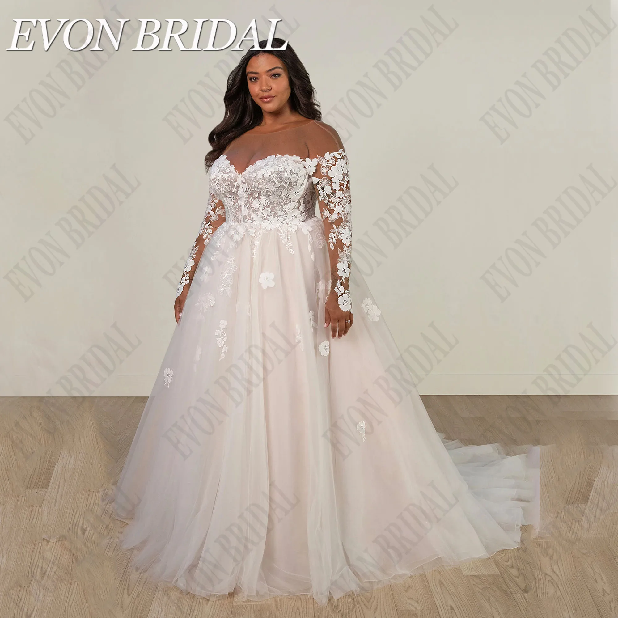 

EVON BRIDAL Plus Size Wedding Dress Long Sleeves Backless O-Neck Bride Gowns Civil vestidos de novia Lace Applique A-Line