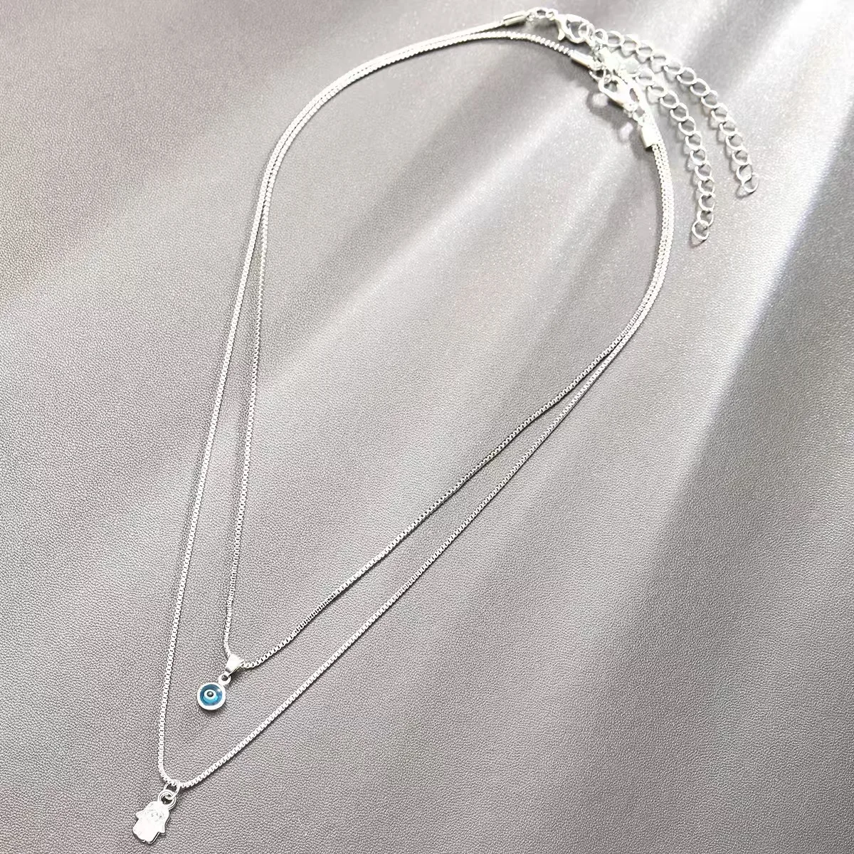 Lucky Double Layer Palm Evil Eyes Pendant Necklace for Women Micro Paved Rhinestone Eye Clavicle Chains Jewelry Gift image 2