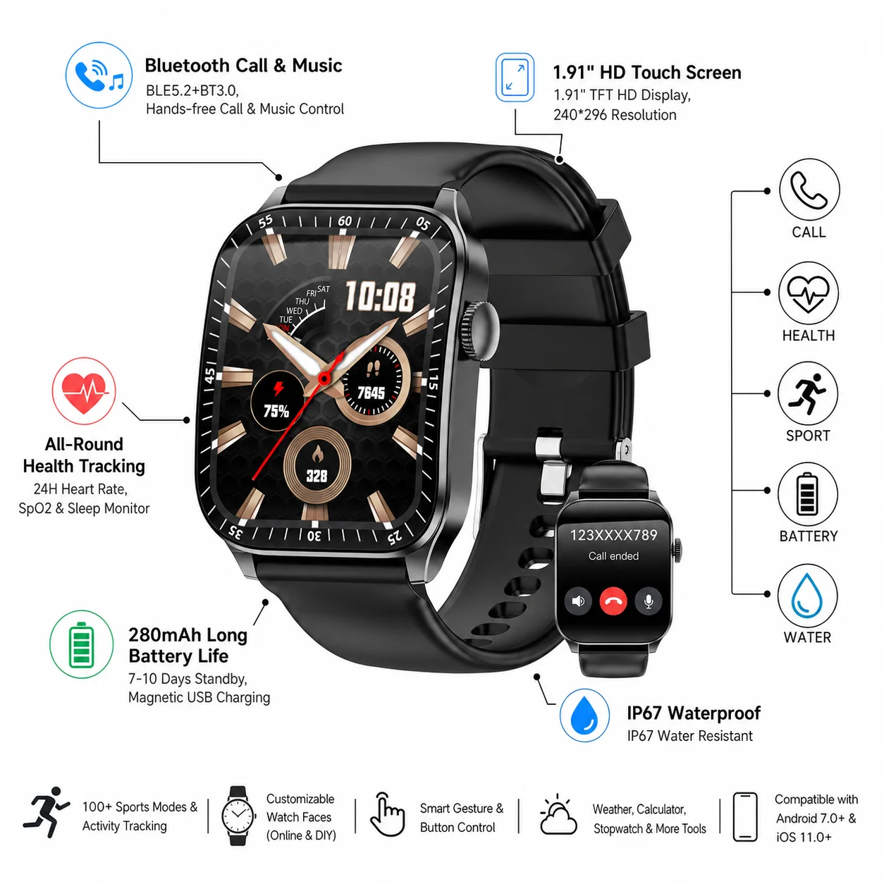 Montre Connectée 1.91" Écran Courbé HD Appel Bluetooth IP67 Suivi Cardiaque Oxygène Sanguin 100+ Sports pour Homme Femme Android iOS