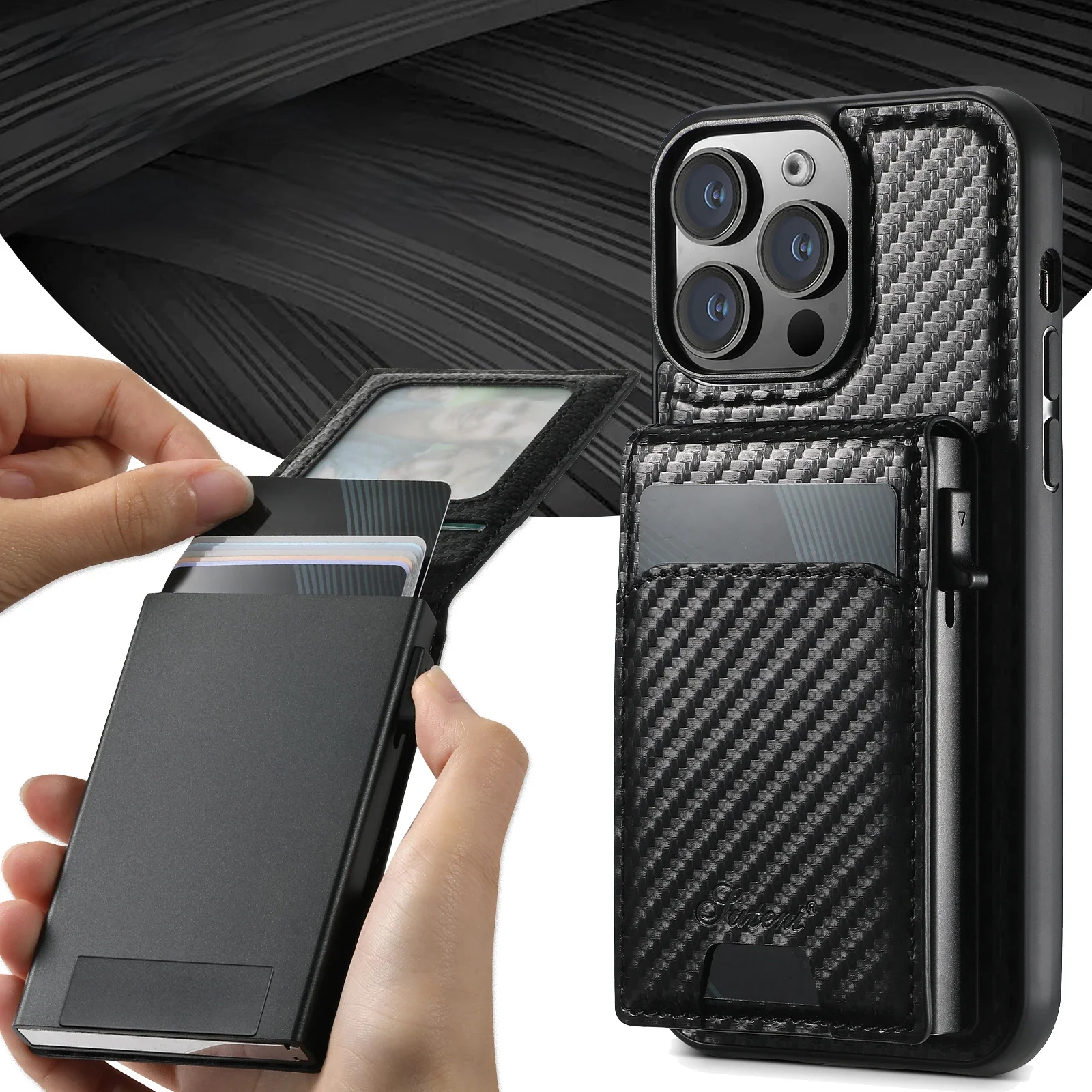 Magnetyczne etui na telefon 2 w 1 z włókna węglowego i portfelem MagSafe Bezprzewodowe ładowanie dla iPhone'a 16 Pro Max 15 Plus 13 14 — zdjęcie 2