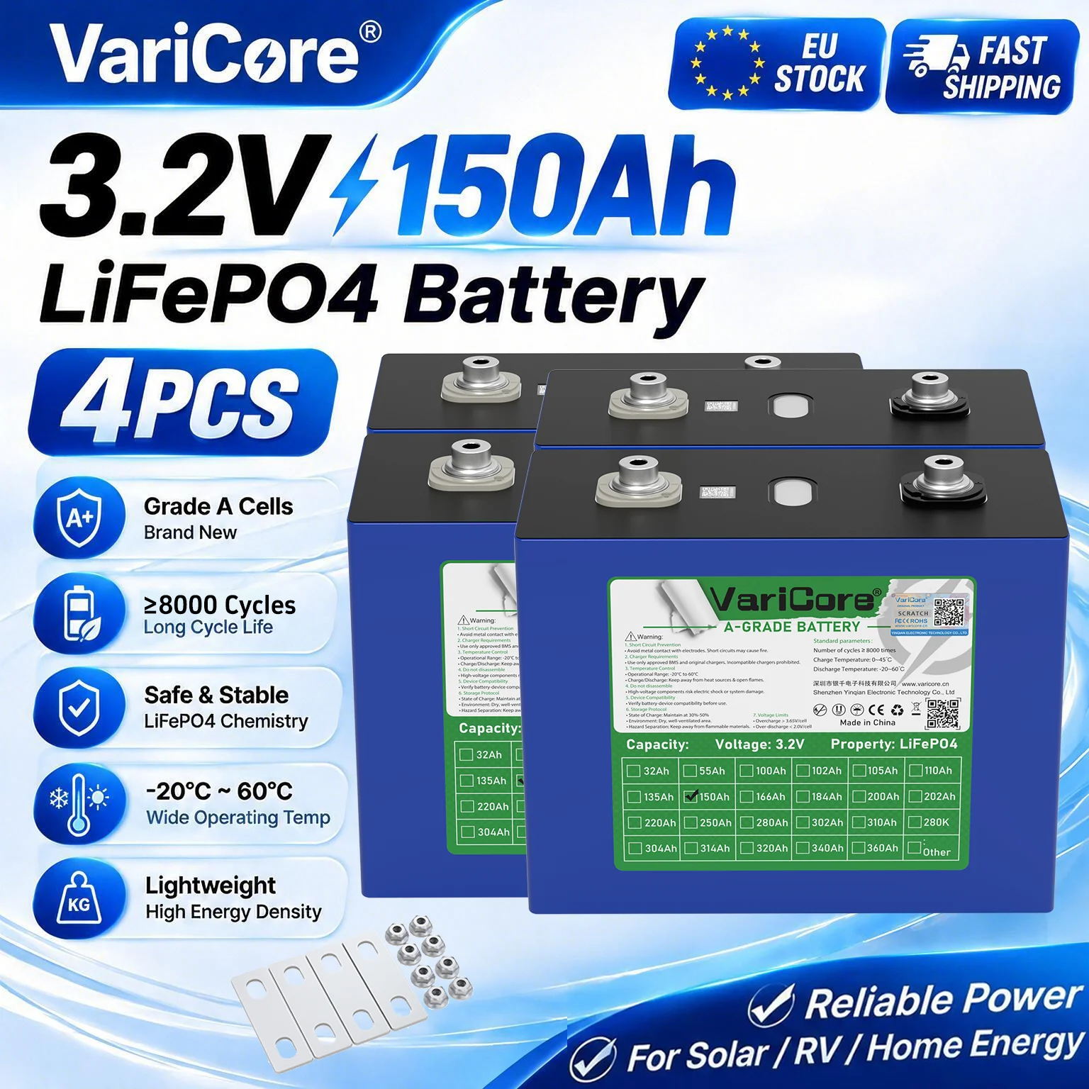 VariCore 3,2V 150Ah wiederaufladbare LiFePO4-Batterie, 4 Stück, Lithium-Eisenphosphat-Batterie der Güteklasse A, 8000+ lange Lebensdauer, große Kapazität, breite Anwendungsmöglichkeiten, EU-zollfreier