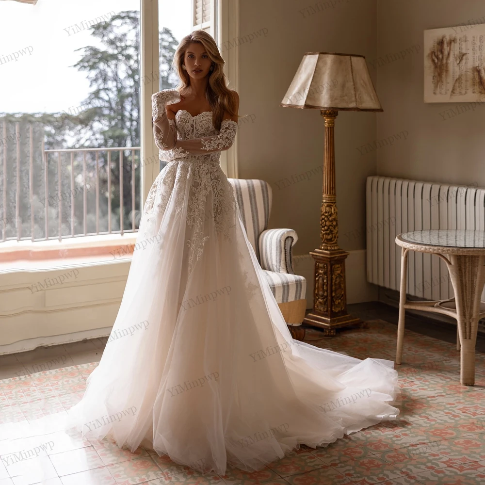 Sweetheart Wedding Dresses for Bride Removable Long Sleeves A Line Sweep Train Tulle Appliques Beads Bridal Gowns Customized