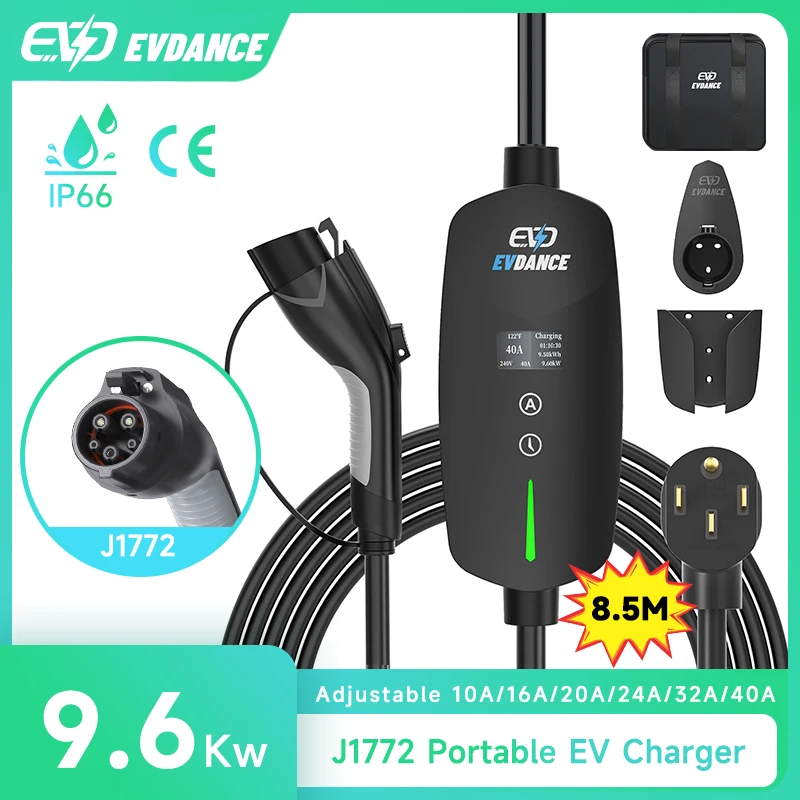 EVDANCE Portable EV J1772 Chargers 40A NEMA 14-50 Plug 9.6Kw Charging Cable Car Electrical Devices OLED Display Current Value