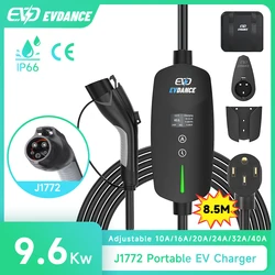 EVDANCE Portable EV J1772 Chargers 40A NEMA 14-50 Plug 9.6Kw Charging Cable Car Electrical Devices OLED Display Current Value