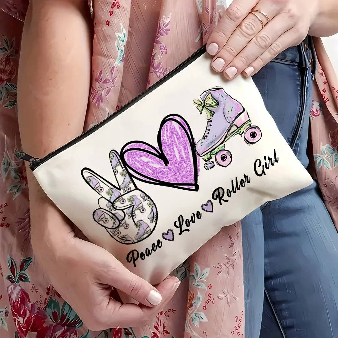 1Pc Peace, Love & Roller Skating Girl Retro Design Multifunctional Travel Makeup Bag, Snack Storage Bag, Stationery Storage Bag, Fashion Toiletry Bag, Canvas Double-Sided Printed Zipper Pouch view 4