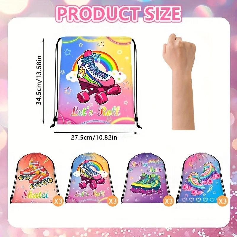 12Pcs Roller Skate Print Drawstring Backpack, Camping Bags Outdoor Bags, Lightweight Sack Bag for Sports Travel Party Storage Gi