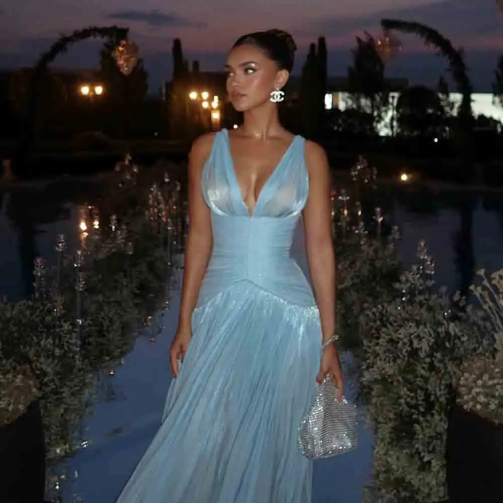 

Msikoods Deep V Pleated Evening Dresses Shiny Backless A Line Party Dress Corset Women's Formal Gown Prom Dress Customized