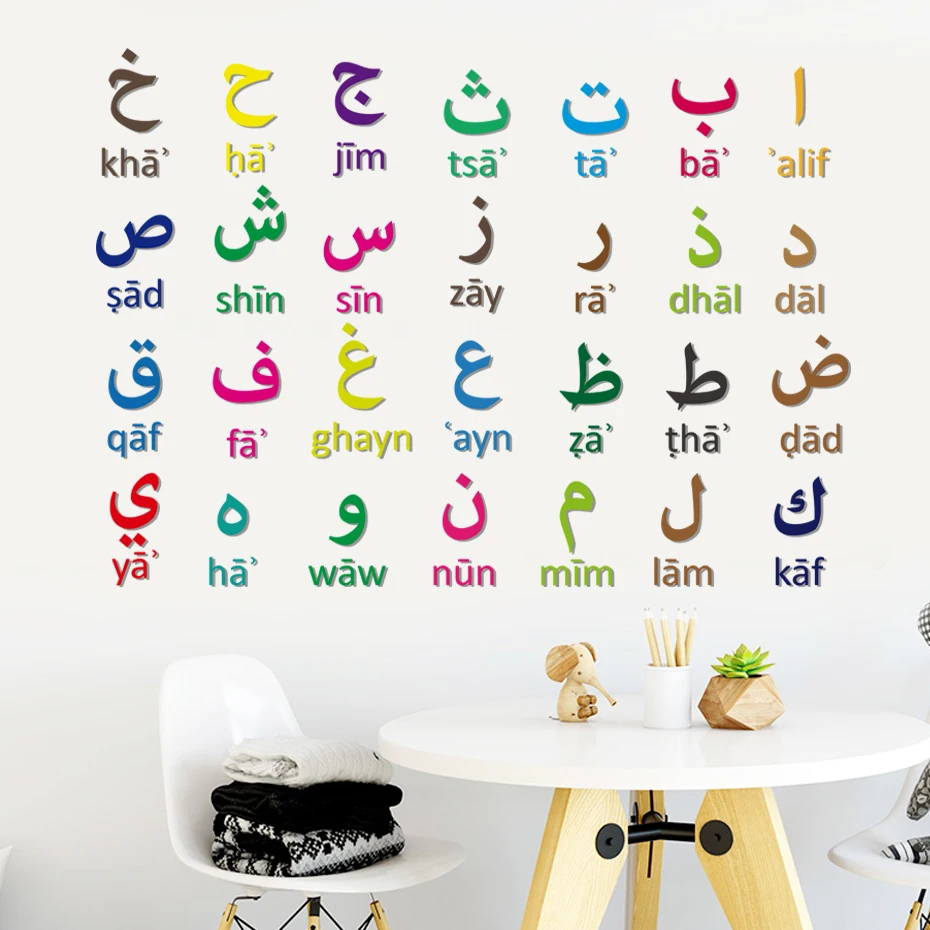 Colorful Educational Arabic Alphabet Letter Watercolor Wall Stickers for Kids Room Reading Room Bedroom Nursery Study Room Decor