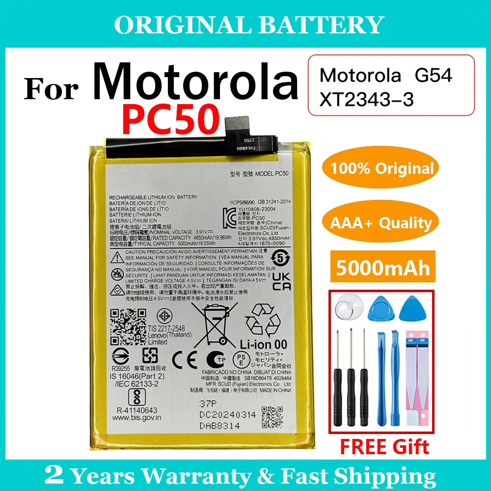 New 100% Original 5000mAh PC50 Battery For Moto Motorola G54 XT2343-3 Replacement Batteries Rechargeable Battery +Free Tool