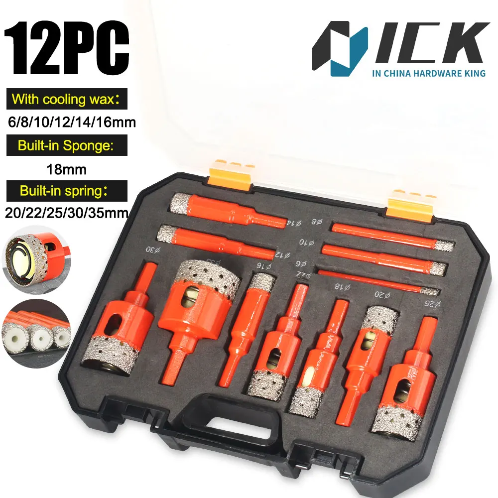Diamond Hole Saw Set Auto Eject Spring Cooling Wax Hex Shank for Glass Marble Stone Tile Ceramic Wet Dry Drilling drill bit 12PC