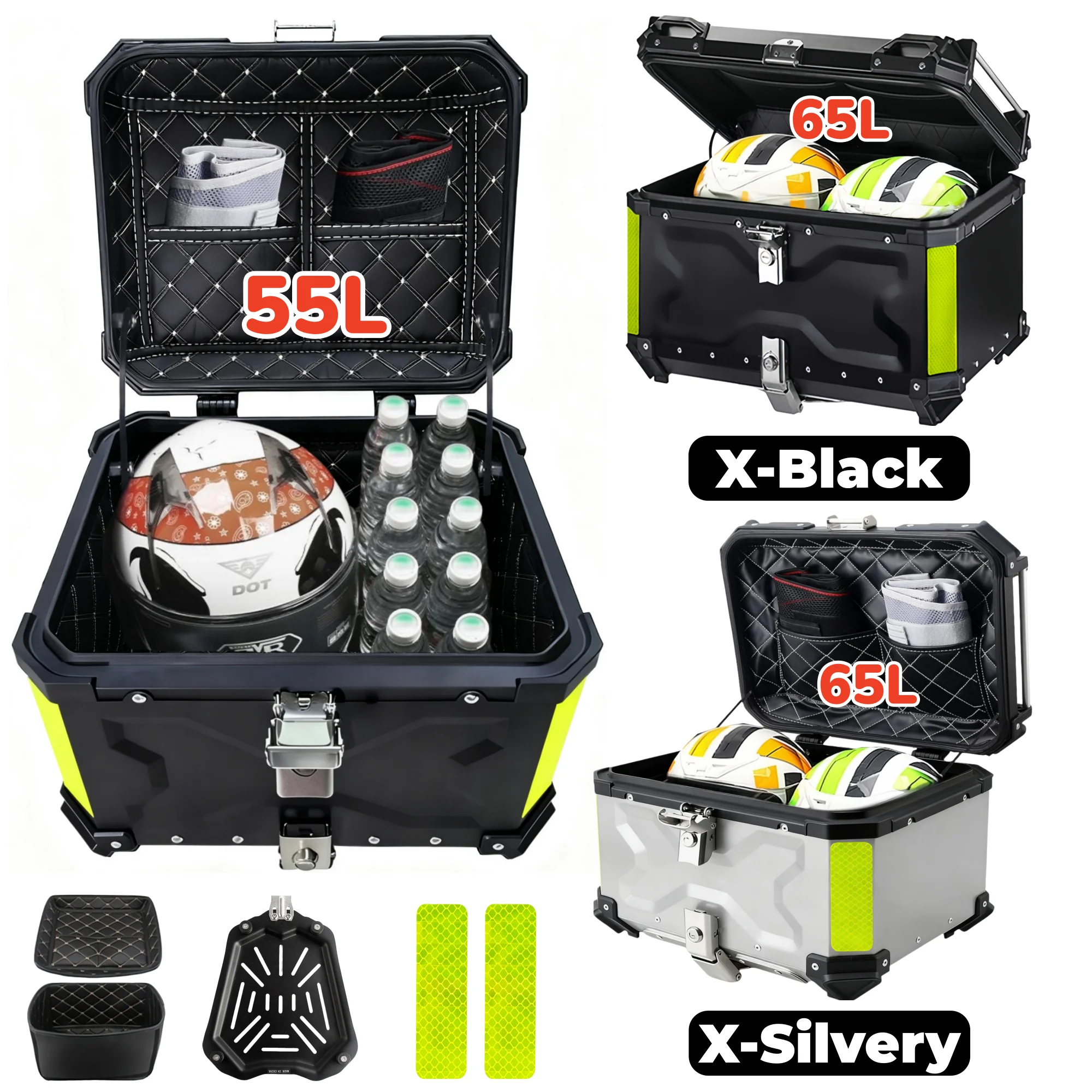 Coffre de moto en aluminium 65L, 55L, 45L, boîte à casque étanche, coffre arrière de moto, boîte à bagages arrière, boîte à outils à dégagement rapide