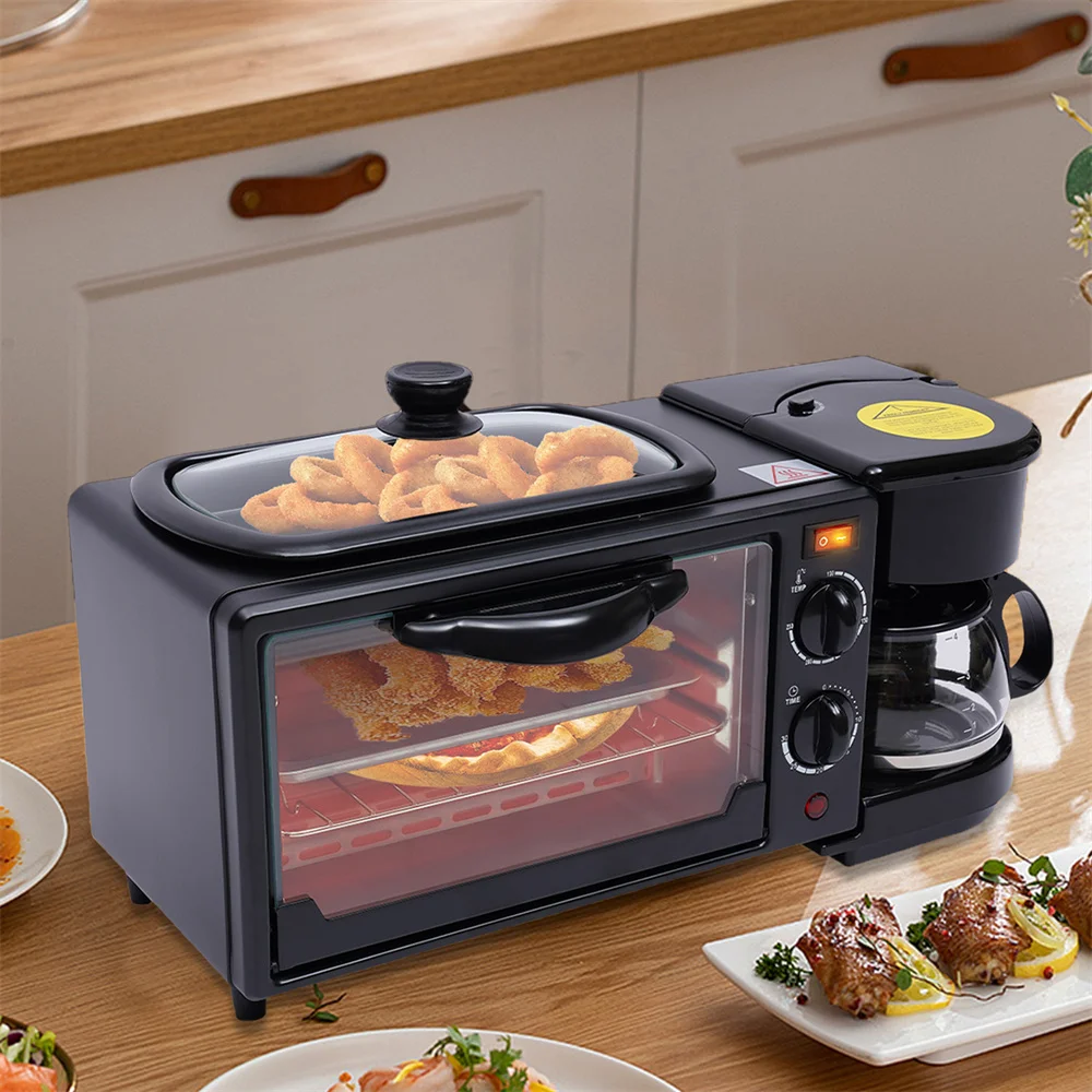 ماكينة إفطار متعددة الوظائف 3 في 1 بقوة 220 فولت، محمصة صغيرة لفرن المطبخ المنزلي وصانع القهوة، للكعك والنقانق وشرائح اللحم