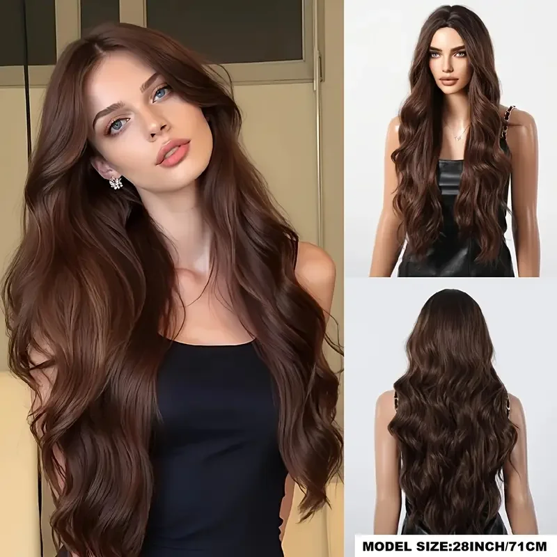 

Elegant Brown Long Curly Wig for Women - Synthetic Fiber, Wave Style, 180% Density,Versatile Fit, High-Temperature Resistant