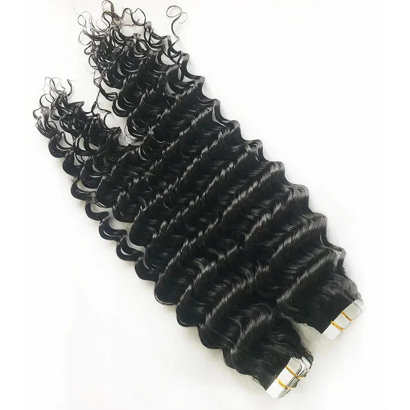 Deep Wave Tape Extensions, 100% cabelo remy humano real, trama de pele encaracolada, cola adesiva na qualidade do salão, cor natural