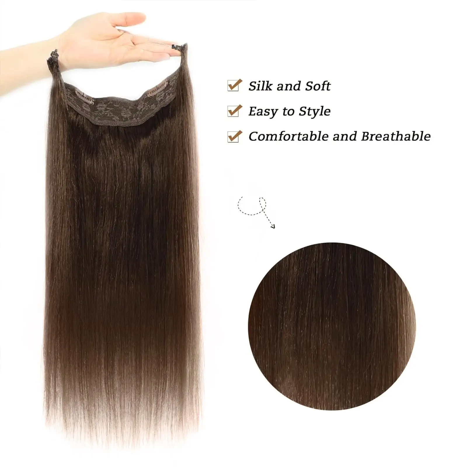 وصلات شعر شعر بشري حقيقي، وصلات شعر مستقيمة بنية متوسطة الحجم، سلك غير مرئي، خط سمكة، وصلة شعر طبيعي مفرود