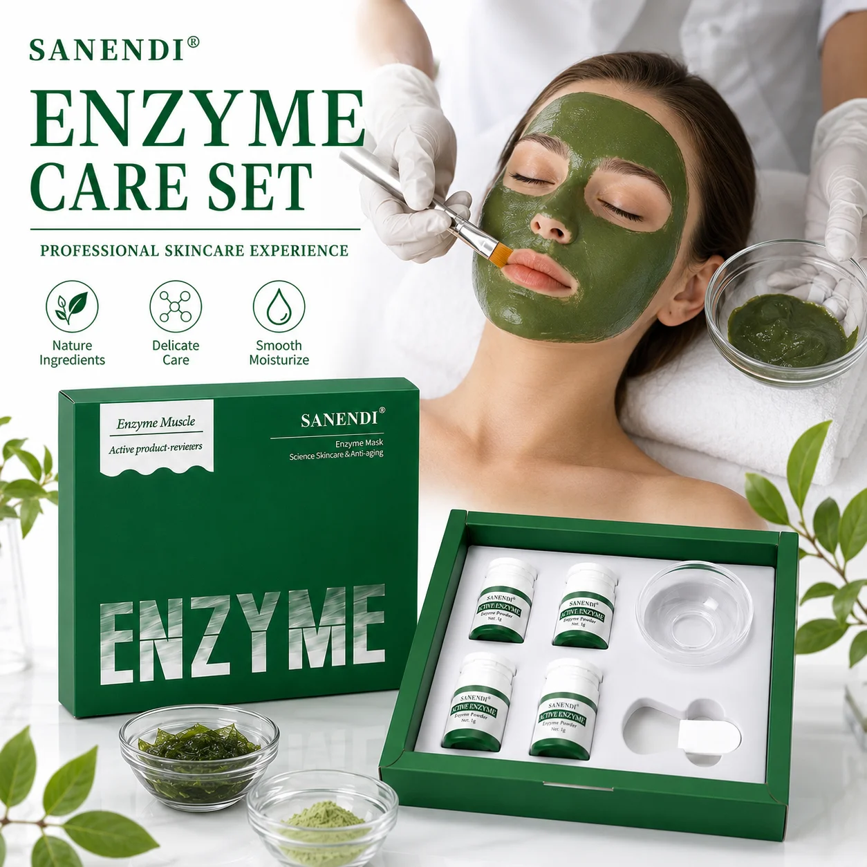 SANENDI Enzyme Care Set Green Algae Soft Mask Korean Skincare Facial Kit Gentle Purifying Hydrating Skin Glow Skin Care Mask