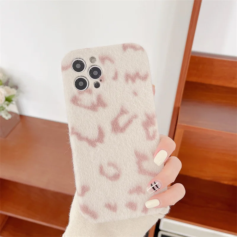 Ins pink leopard wool phone case for iPhone 13 phone case 14 15Promax 11 12pro Fashion Korean All-inclusive fall protection case