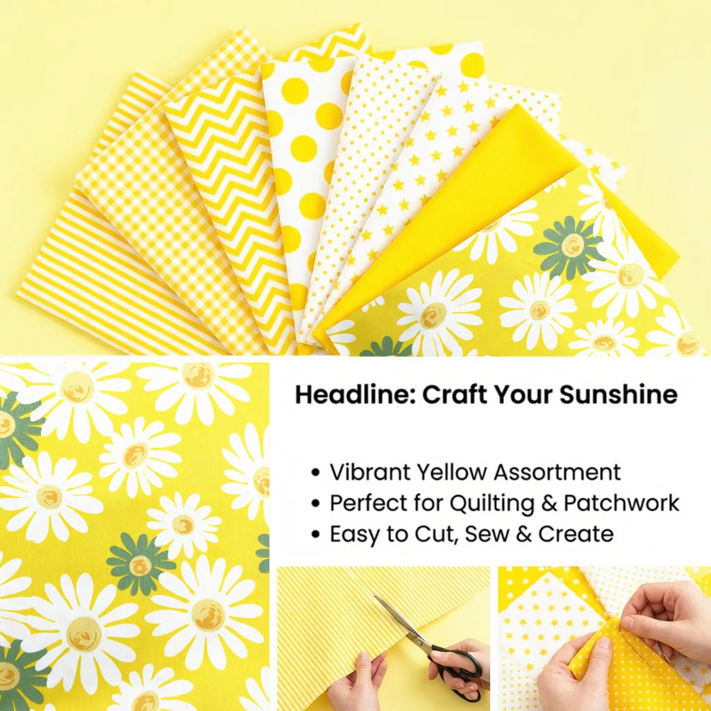 8pcs Yellow Floral Cotton Fabric Bundle; PreCut Fabric; Sewing Supplies For Patchwork Sewing And DIY Clothing Crafts image 2