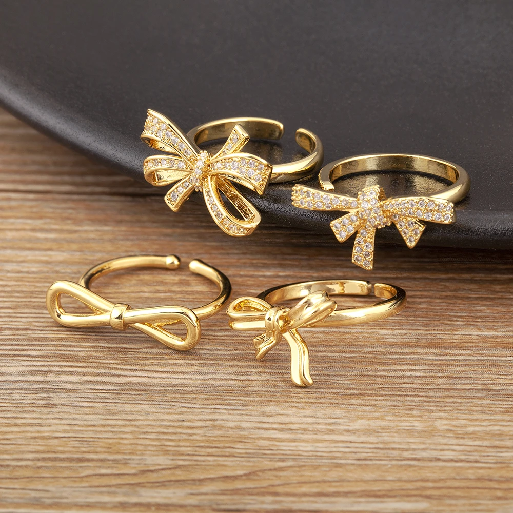 Nidin New Retro Romantic Bow Shape Open Rings Adjustable 5 Styles For Women Girl Shine Zircon Fancy Jewelry Anniversary Gifts