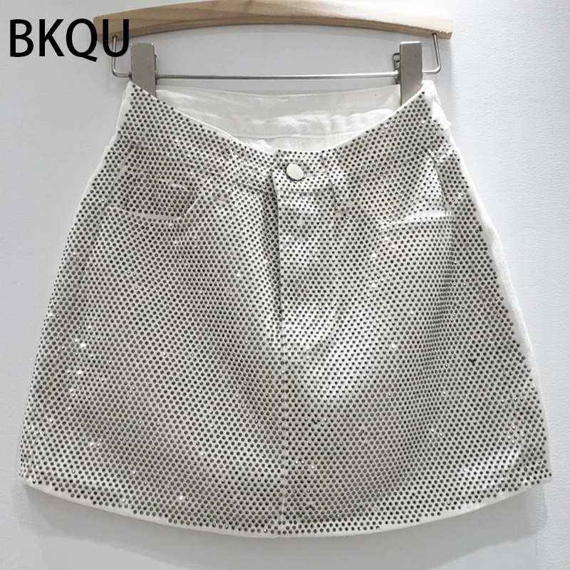 BKQU 2023 New Rhinestone Denim Mini Skirts Women Fashion Party Club Diamonds High Waist Jean Skirt Y2K Aesthetic Korean Bottoms