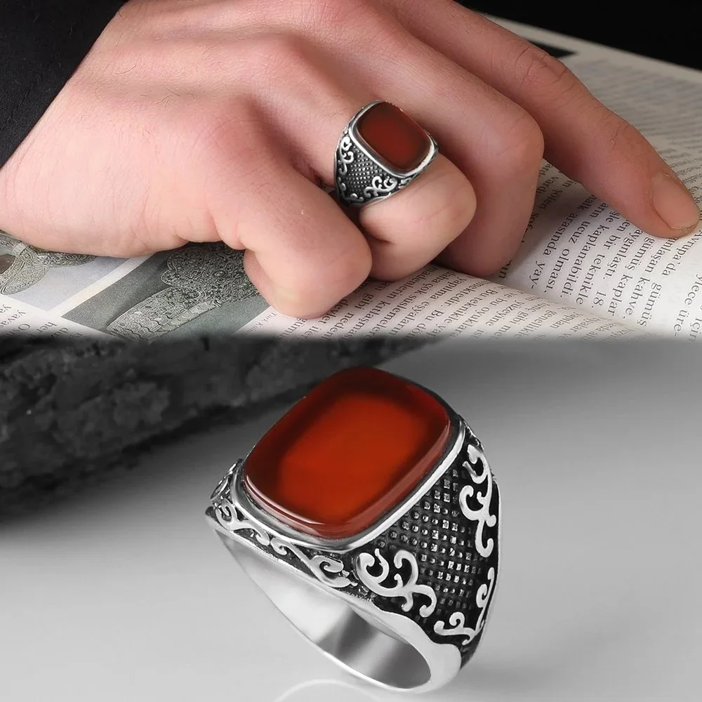 Real 925 Sterling Silver Natural Stone Ring For Men Zircon Agate Gemstone Jewelry Fashion Vintage Gift Male Accessory All Size