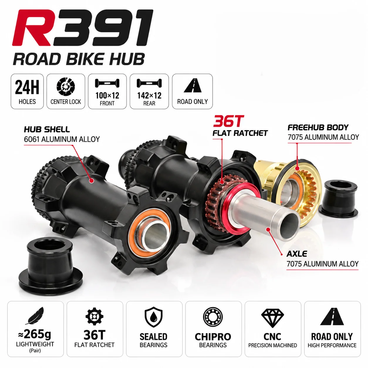 GOLDIX R391 Rennrad-Naben 24H Center Lock 36T Flachratchet 100x12 142x12 HG XDR Leichtgewicht 265g Fahrradnaben-Set für Rennradfahren – Detail 4