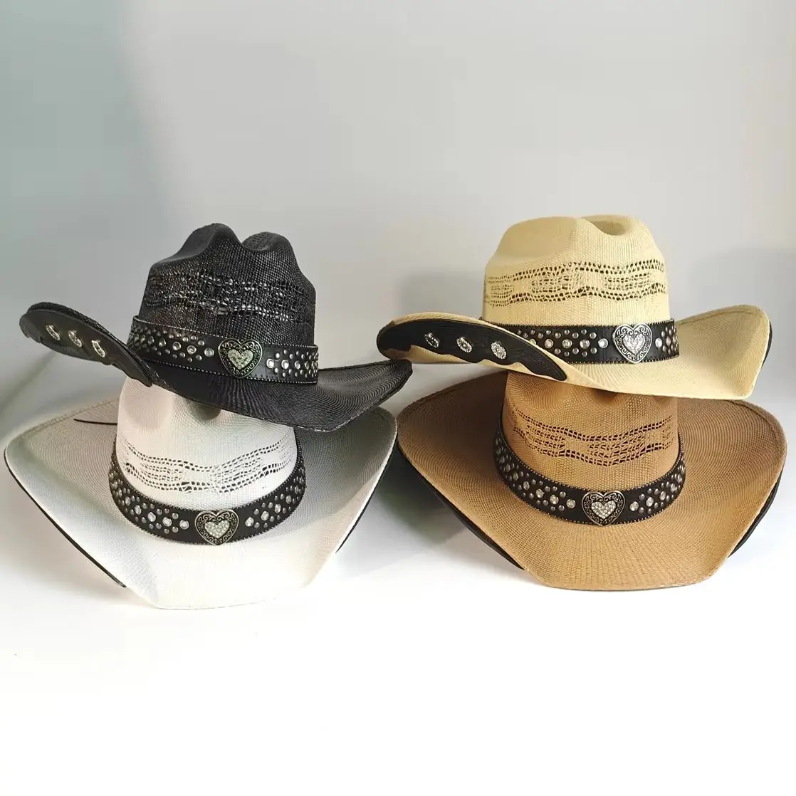 

Summer Cowboy Hat for Men Women Woven Openwork Western Cavalier Summer Sun Beach Cap with Rhinestone Heart Leather Band chapeu