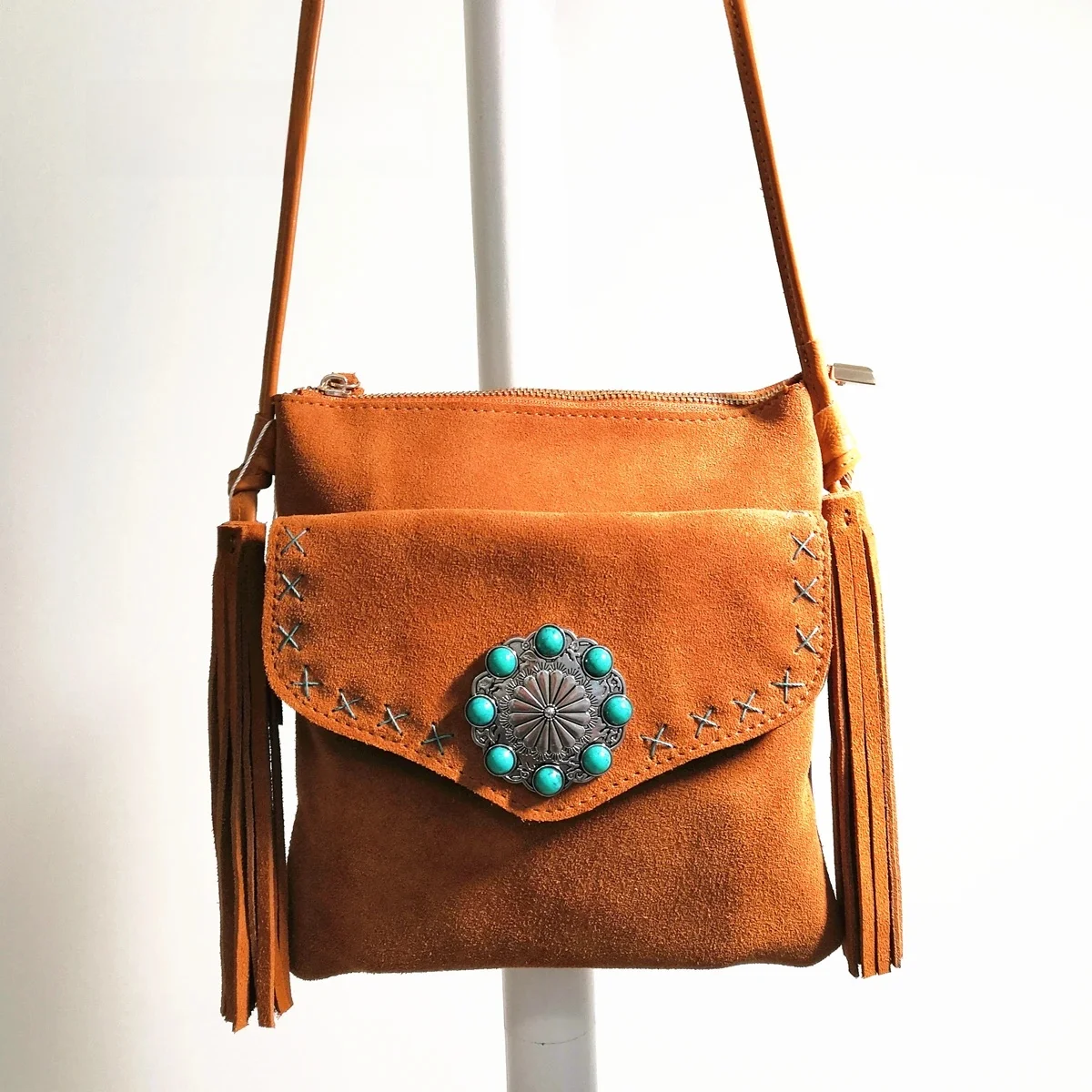 Damska torebka z prawdziwej skóry zamszowej Bohemian Pouch Boho Chic Gypsy Hippie Tribal Ethnic Ibiza Small Size Phone Side Sling Bag — zdjęcie 2
