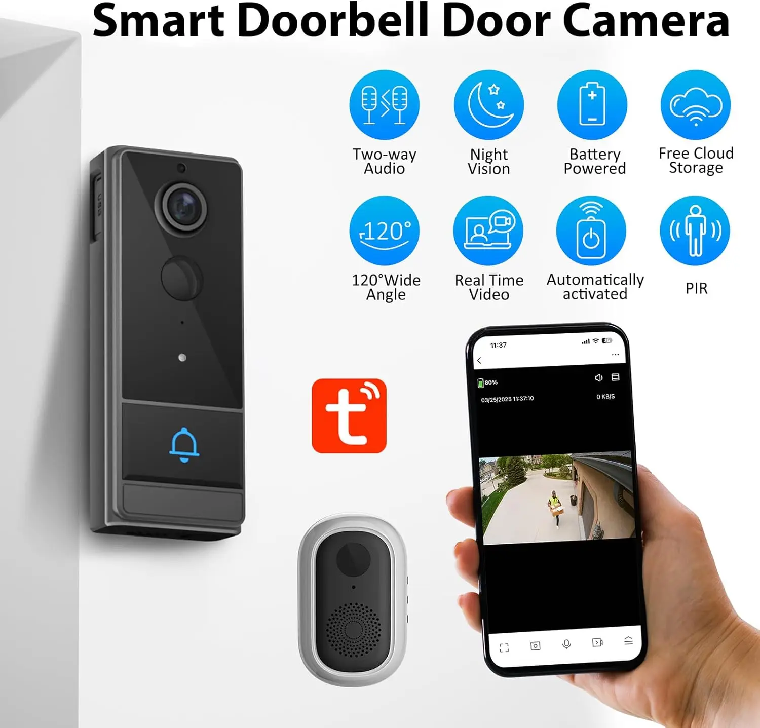 XBIBI Smart Video Doorbell Camera, Two-Way Audio - PIR Motion Detection - IP66 Waterproof - Anti-Theft Alarm - Night Vision - 2.4GHz Wi-Fi -APP Control ,WiFi Doorbell, SD Card/Cloud Storage,