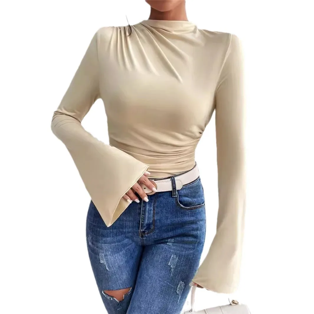 Ruched Puff Sleeve Top Slim Fit Streetwear with Stand Collar Long Sleeve T Shirt for Women Autumn American European Style