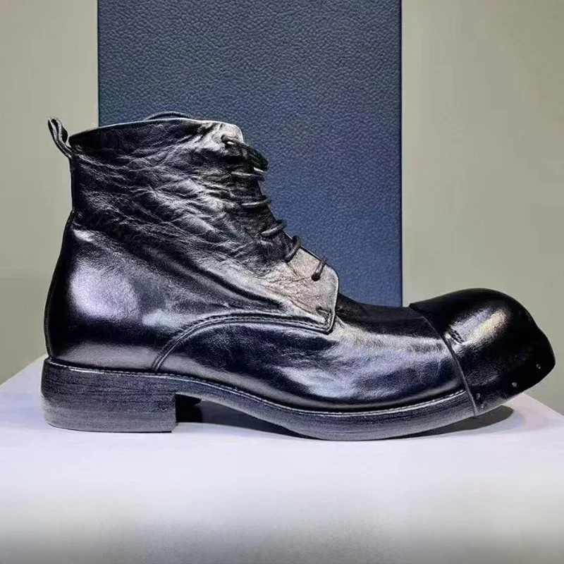 Męskie buty ze skóry końskiej Vintage Wash Water Old Leather Boots Handmade Goodyear - Męskie krótkie buty sznurowane Okrągła głowa Mężczyźni — zdjęcie 2