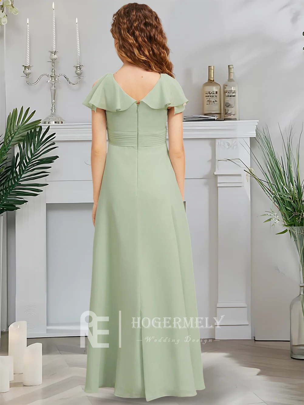 B Aライン ジュニアブライドメイドドレス セージグリーン フラワーガールドレス Vネック マキシレングス シフォン ガーデン ガラ ダンス ウェディングパーティー