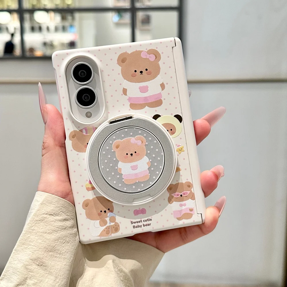 Cute Polka Dot Bear Magnetic Phone Case for Samsung Galaxy Z Fold 8 Protective Cases, with MagSafe Holder Fashion Shockproof Set
