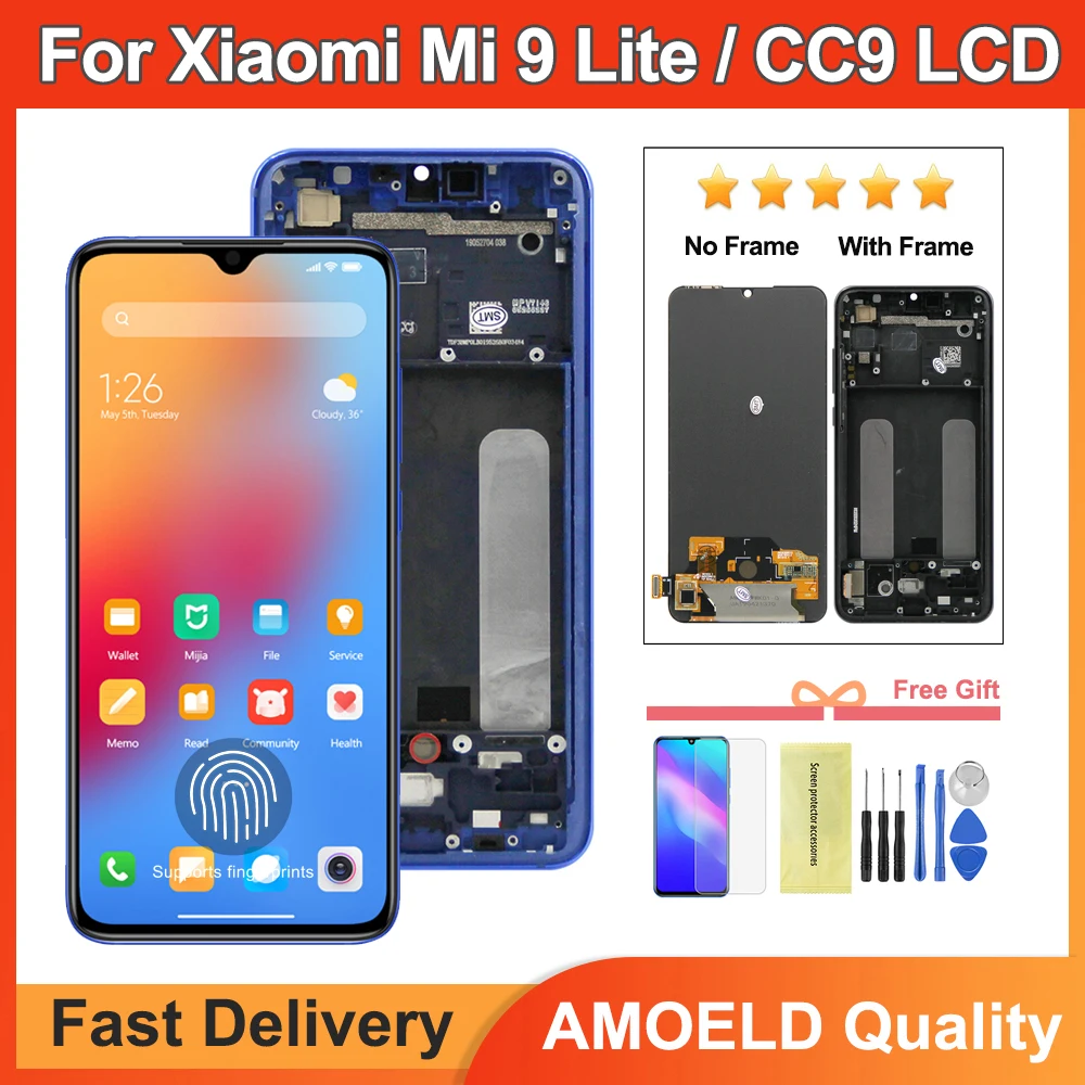 AMOLED For Xiaomi CC9 LCD Display Touch Screen + frame Replacement Support Fingerprint For Xiaomi Mi 9 Lite M1904F3BG Screen