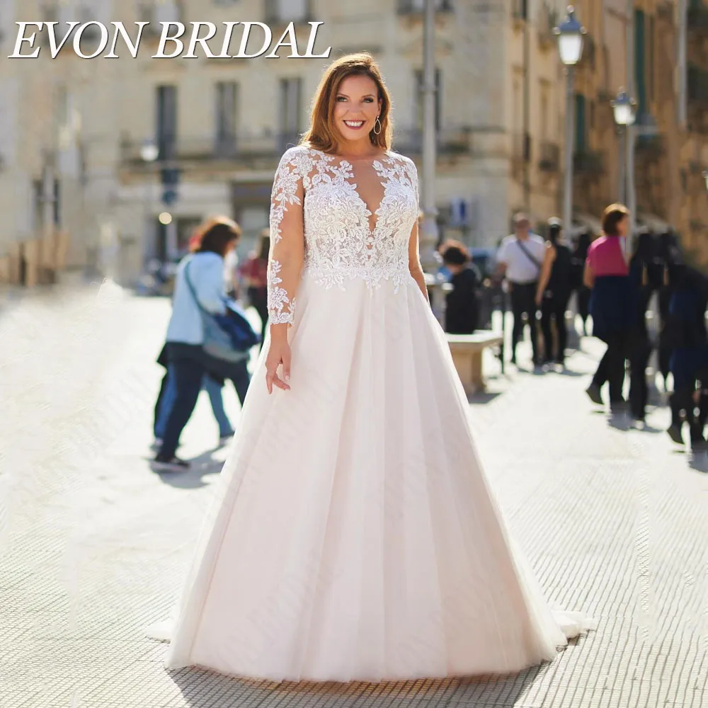 

EVON BRIDAL Elegant Oversize Wedding Dress Long Sleeves Illusion Back Applique Custom Made Vestidos De Novia Talla Grande