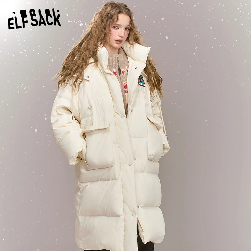 

ELFSACK 2024 Winter New Arrivals Women's mid-length hooded down jacket cartoon fox patch, thick warm coat