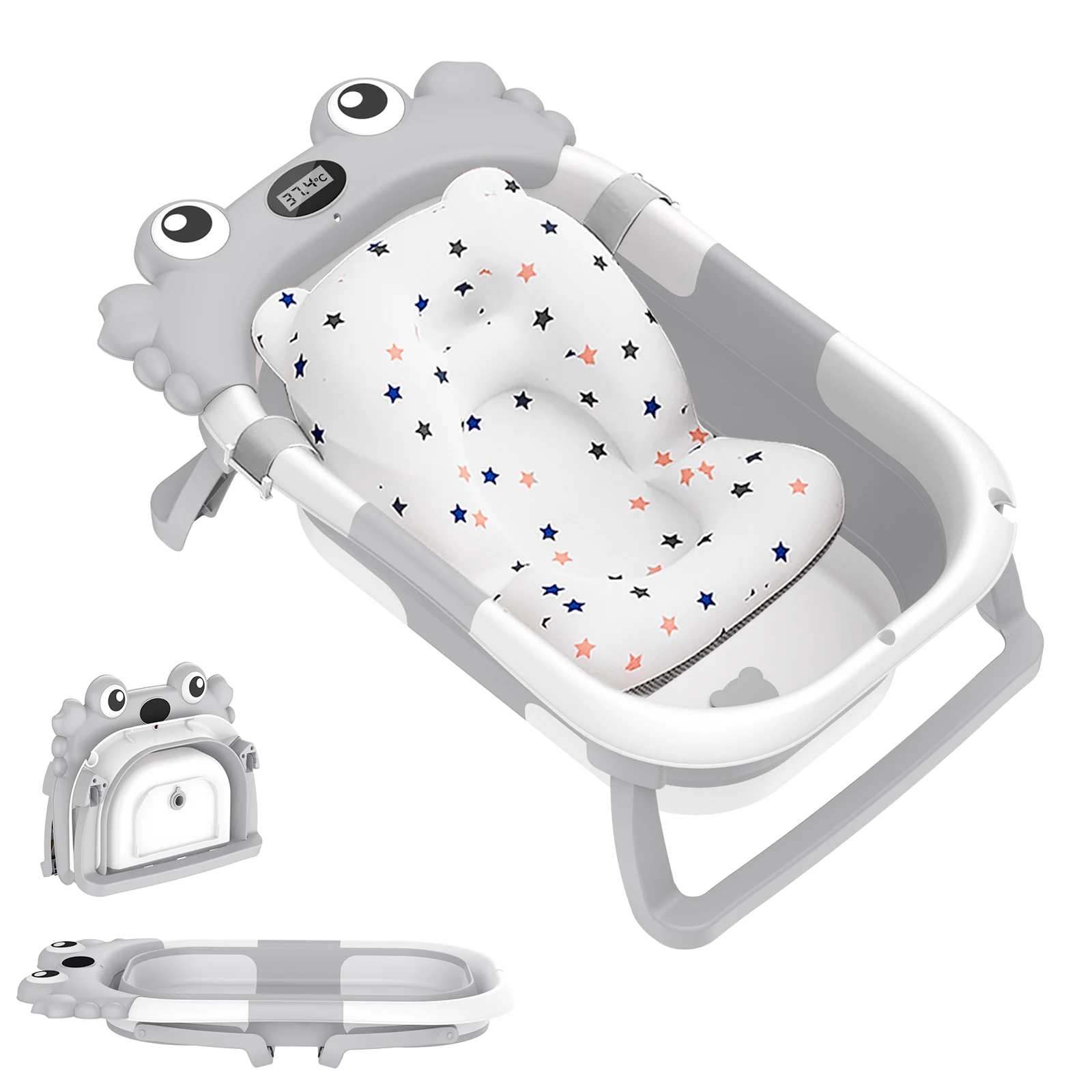 Baignoire pliable pour bébé en forme de crabe avec thermomètre et coussin flottant doux pour nouveau-né, baignoire pour bébé avec tapis de bain