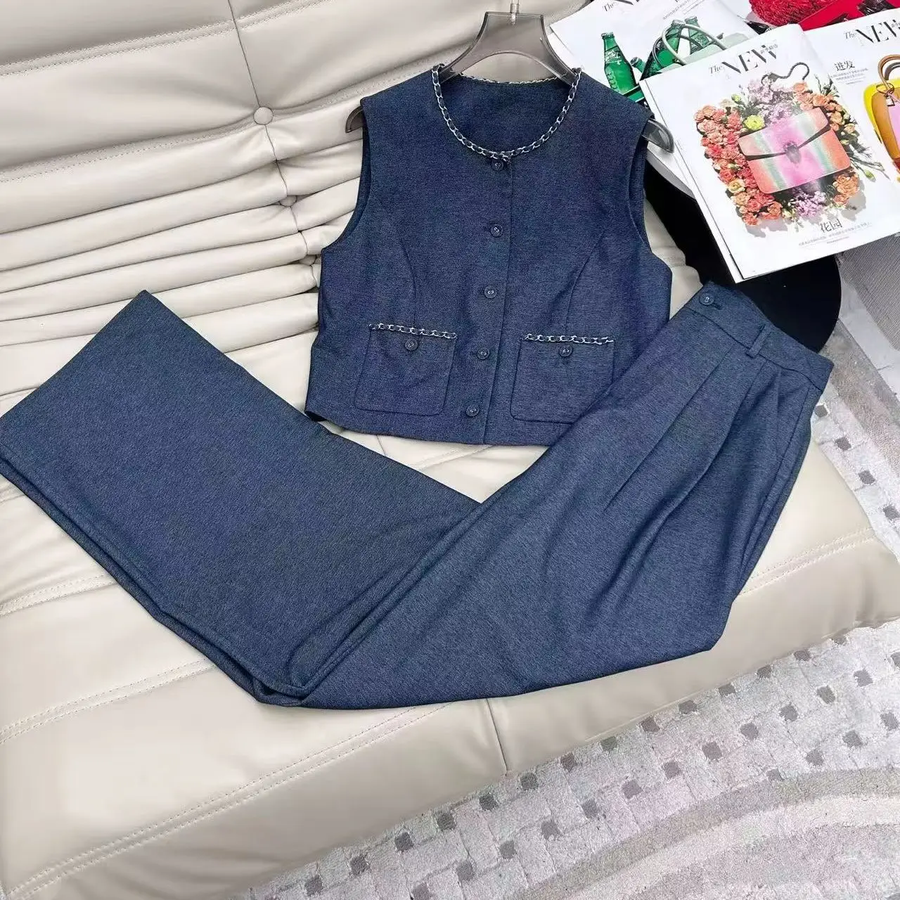 

Exquisite fashionable 100% cotton solid color high-waisted trouser matching set