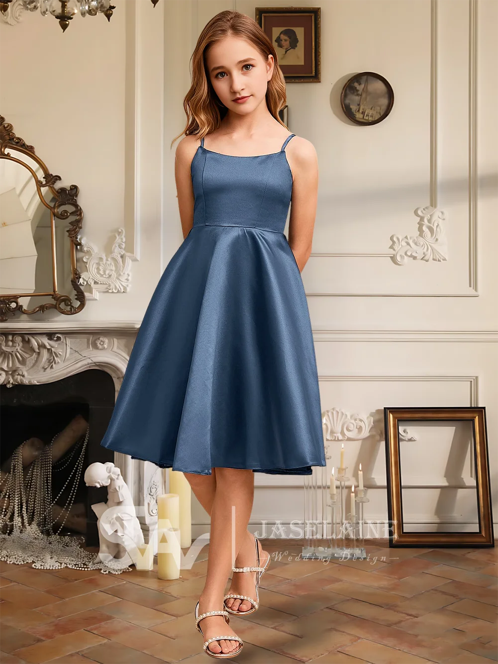 Elegante abito da damigella d'onore junior in raso al ginocchio con scollo a barchetta e spalline, abito da ragazza di fiori, festa per ragazze, matrimonio formale