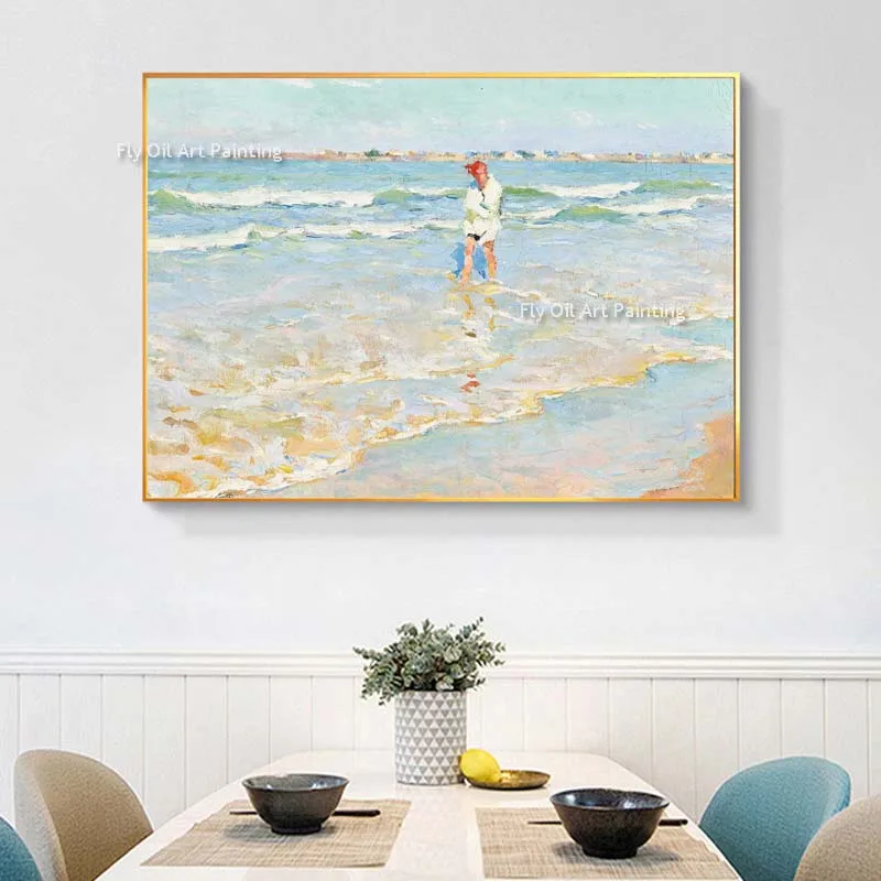 

Summer Seascape Oil Painting Handmade Vintage Coastal Artwork People Walk In The Shallows Canvas Artwork Frameless As Best Gift