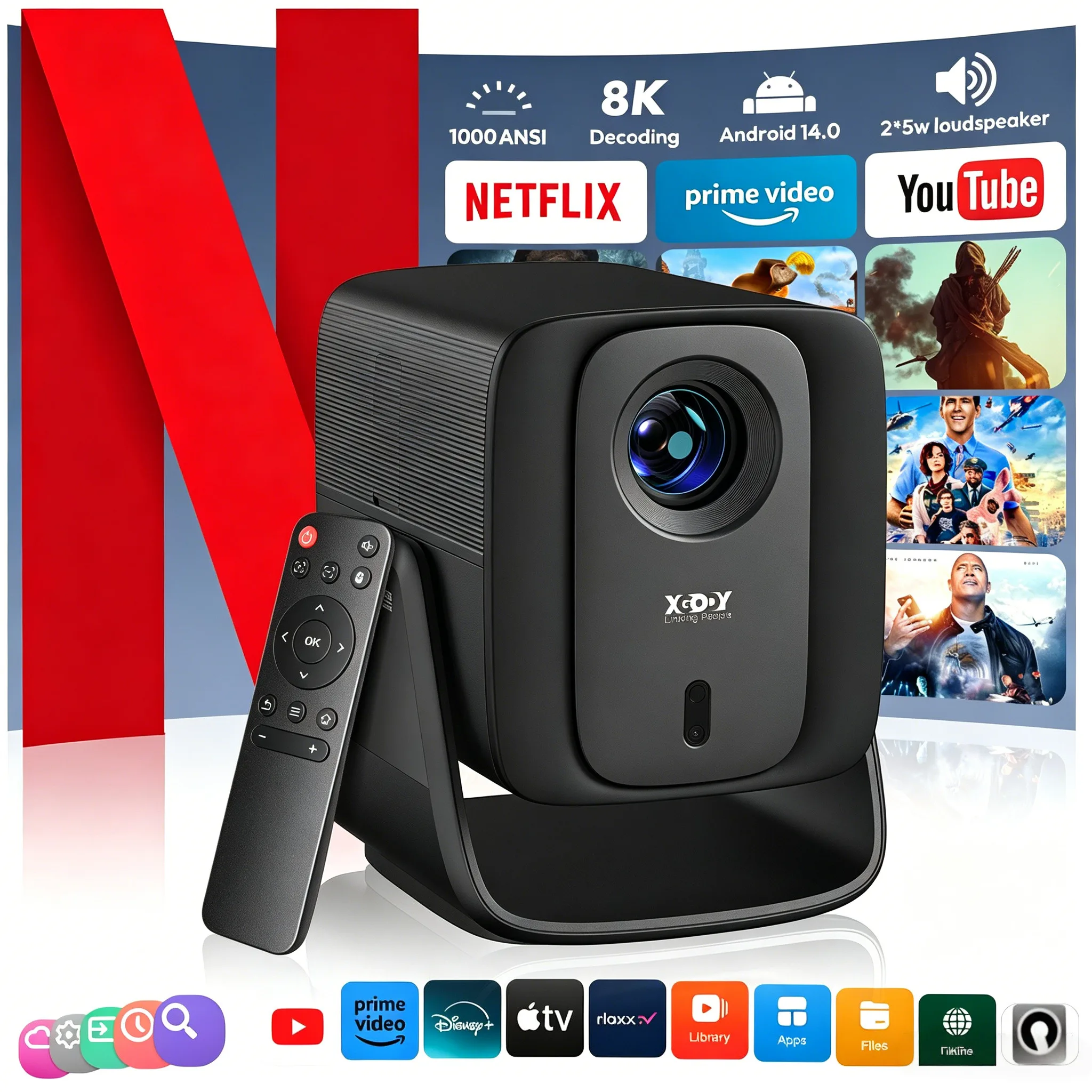 XGODY Gimbal A7 Cine 1000 ANSI Max Support 8K/4K projector Smart Android 14 Beamer Native 1080P Autofocus Trapezoidal Correction Full HD HDR10 Dolby Audio Correction Home Theater Outdoor