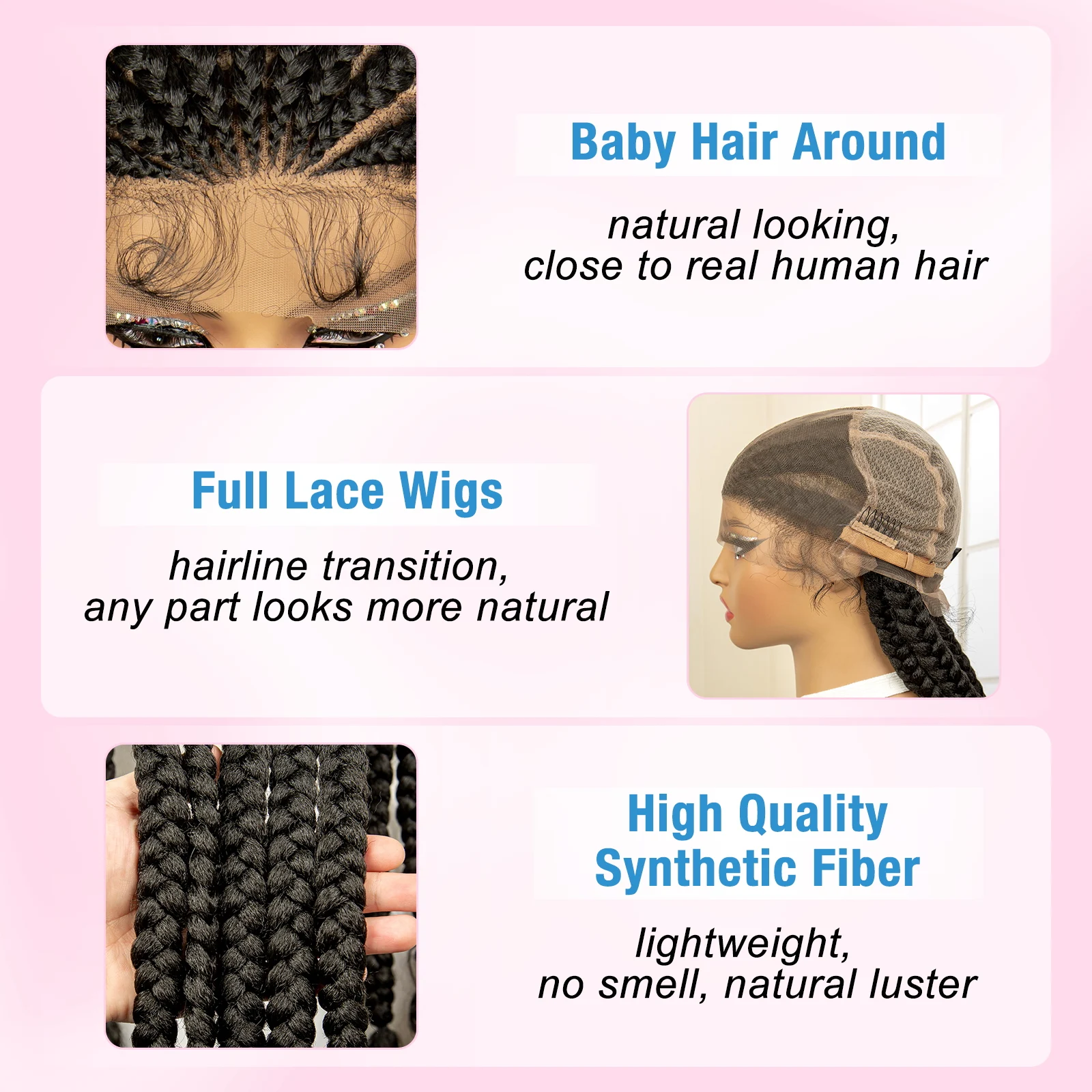 Full Lace perucas sintéticas trançadas com cabelo de bebê para mulheres negras, peruca encaracolada, tranças caixa, frontal Cornrow, 38 in