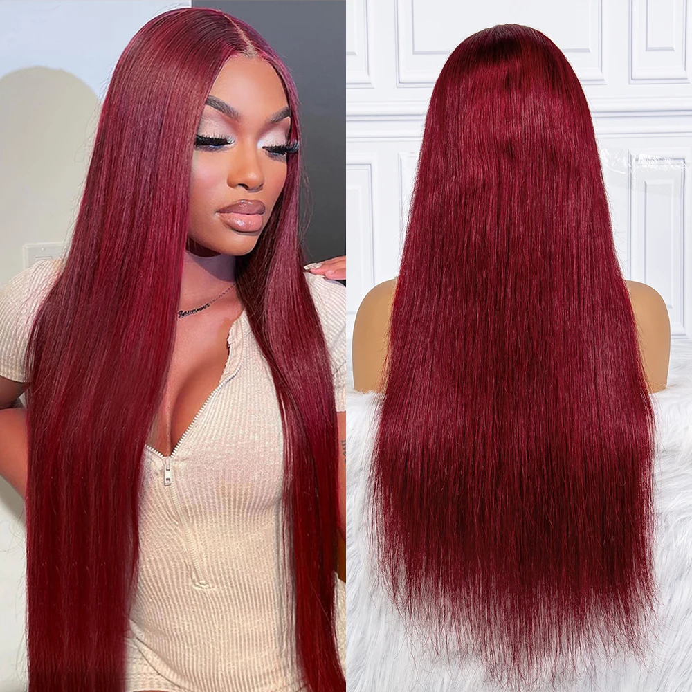 Perruque Lace Front Wig naturelle lisse 13x4, cheveux humains, pre-plucked, avec reflets 350, 99J