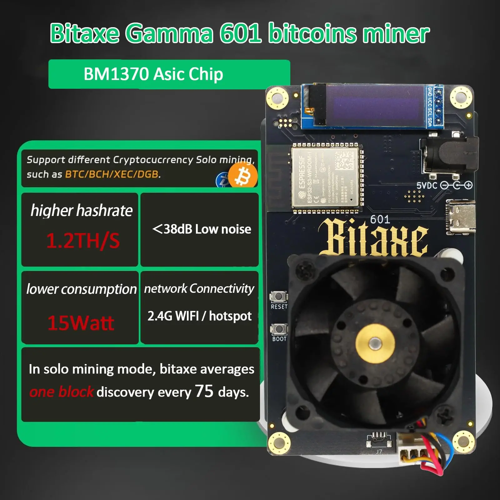 Bitaxe Gamma 601 Solo Bitcoins Miner 1.2TH/s BM1370 Asic Chip 18W BTC Lottery Crypto Miners Asik Bitcoins Mining Machine