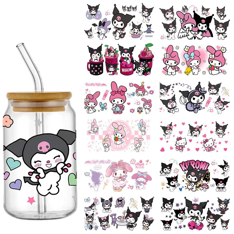 Miniso Cartoon UV DTF Cup Wrap Kulomi Melody Hello Kitty 16oz Sticker Libbey Glass Can Transfer Sticker Waterproof Self-adhesive