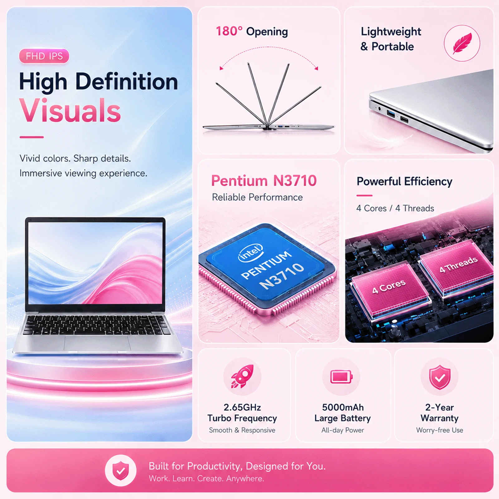 Ultra Slim Brand New PC 14.1'' Laptop Computer N3710 Quad Core 12GB RAM 256GB SSD Windows 10 Pro Notebook PC FHD 1080P Display Ultra Thin Portable Laptop WiFi Bluetooth 5.2 Webcam Computer for Student Business Office Home Use Lightweight Laptop PC