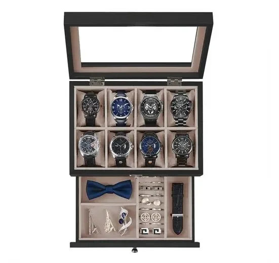 Songmics Horloges Doos 8/12 Compartimenten Massief Houten Doos Glazen Deksel - afbeelding 2